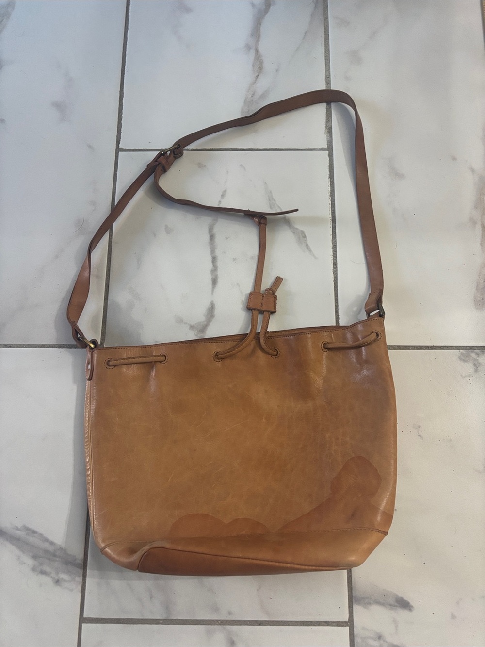 Madewell Cognac Leather Shoulder Bag with Drawstring Detail